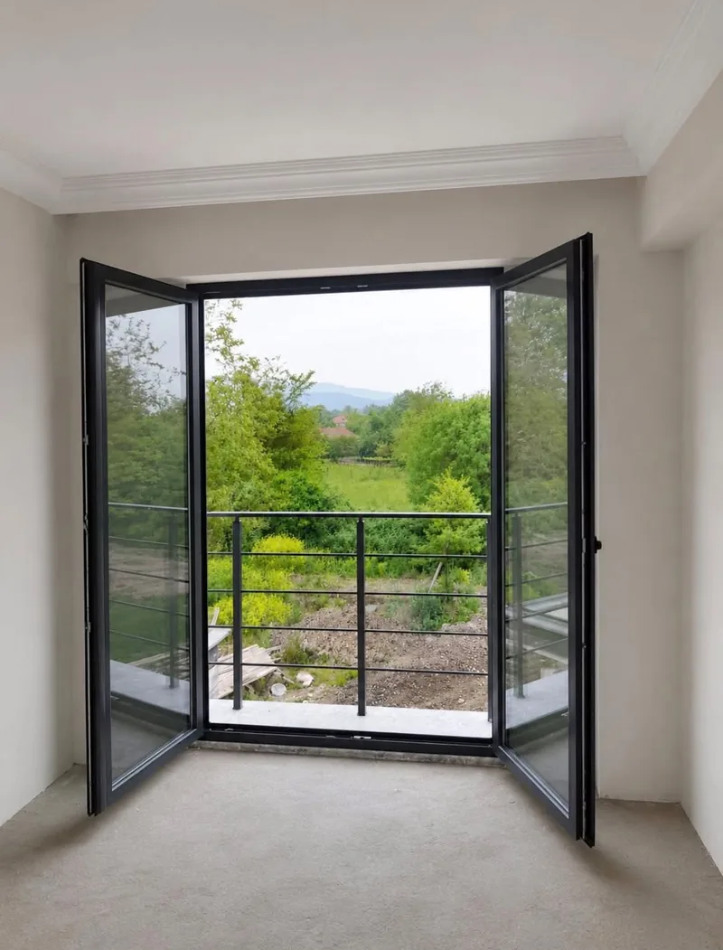 Açık PVC pencereden yeşil bahçe görünümü
